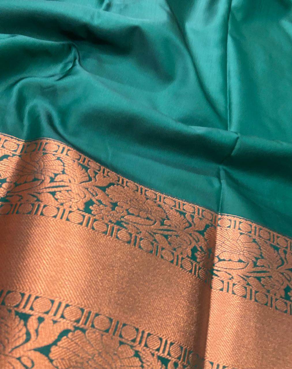 Soft Silk Saree – Olive Green with Copper Zari Paisley Buttas & Rich Floral Woven Border