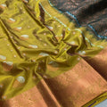 Soft Silk Saree – Olive Green with Copper Zari Paisley Buttas & Rich Floral Woven Border