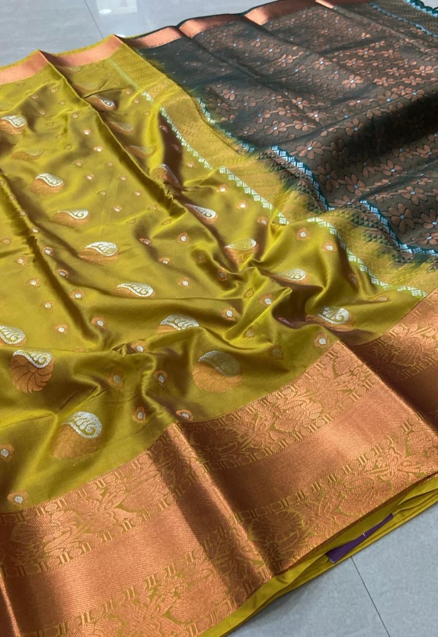 Soft Silk Saree – Olive Green with Copper Zari Paisley Buttas & Rich Floral Woven Border