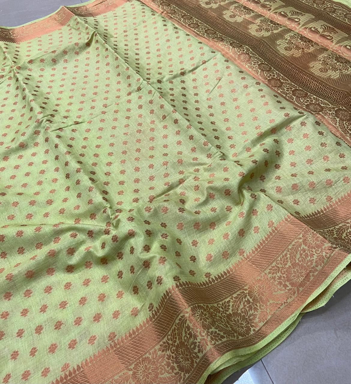 Paithani Saree – Pastel Mint Green with Rose Gold Floral Buttas & Rich Woven Border