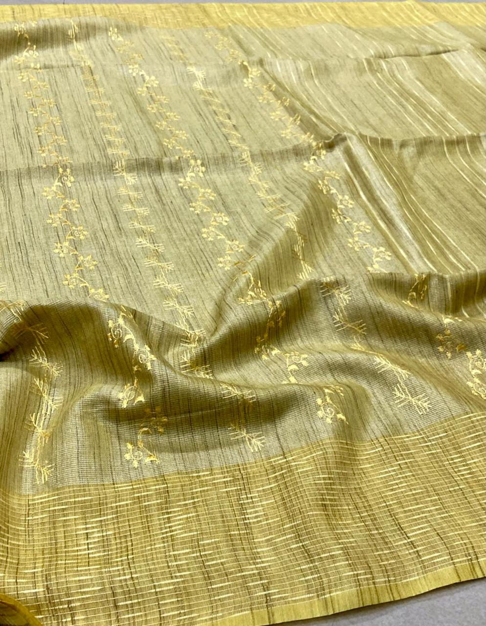 Premium Linen Embroidery Saree – Olive Gold with Floral Embroidery & Woven Border