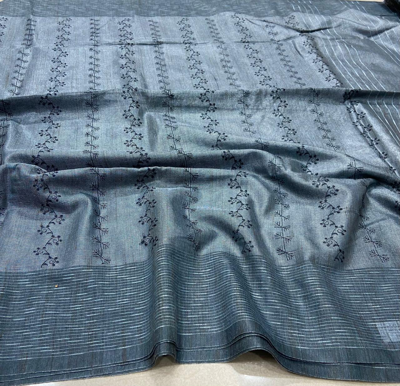 Premium Linen Embroidery Saree – Steel Grey with Black Floral Embroidery & Woven Border