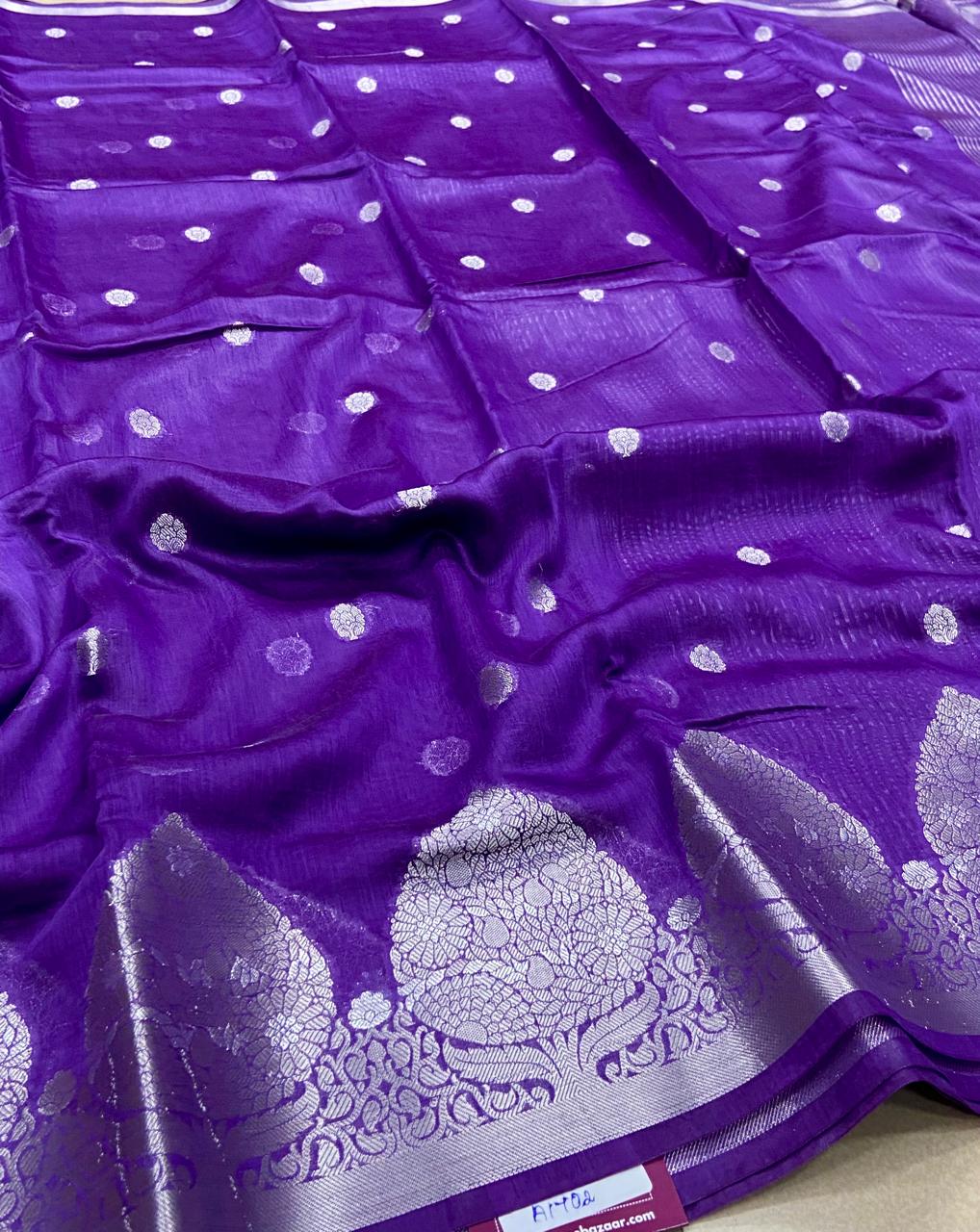 Premium Warm Silk Saree – Royal Purple with Silver Zari Buttas & Floral Border