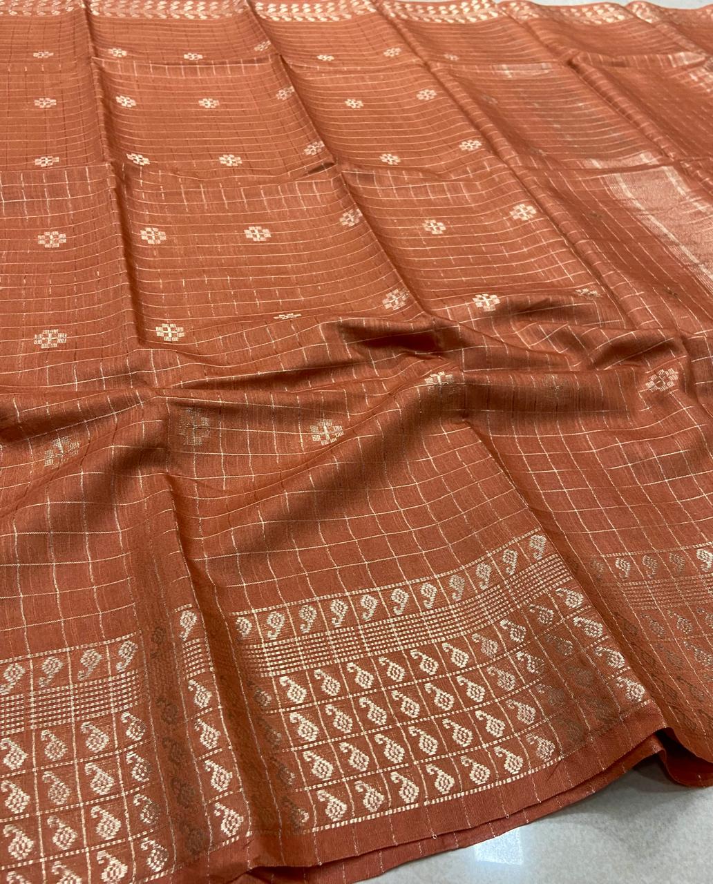Premium Linen Saree – Copper Brown with Silver Checks & Paisley Woven Border