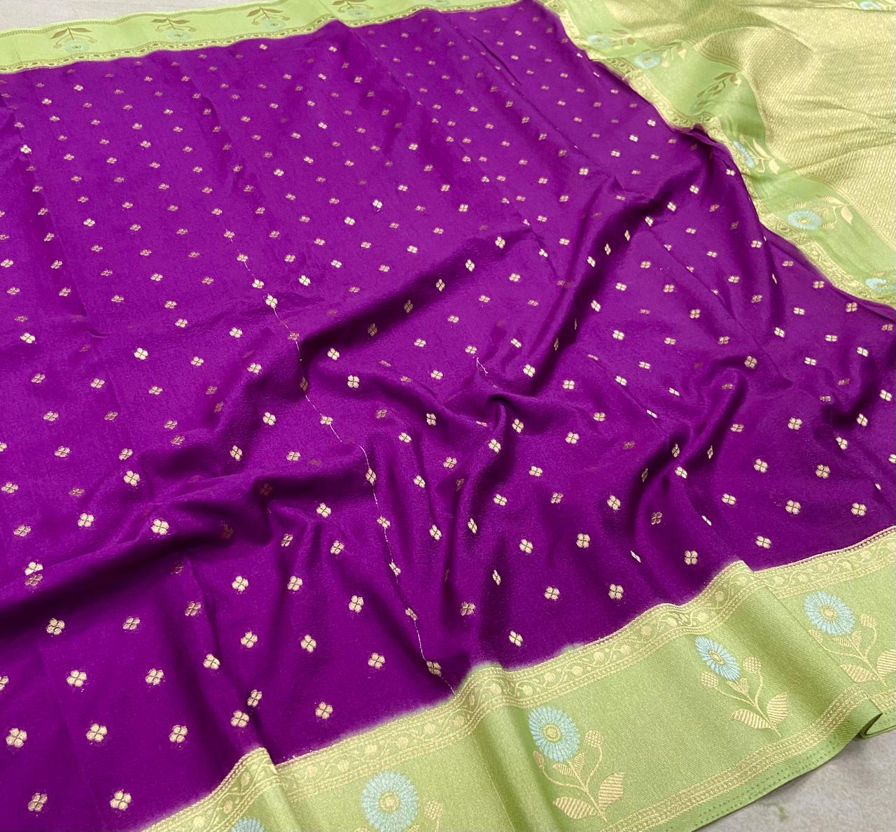 Premium Georgette Saree – Royal Purple with Mint Green Floral Zari Border