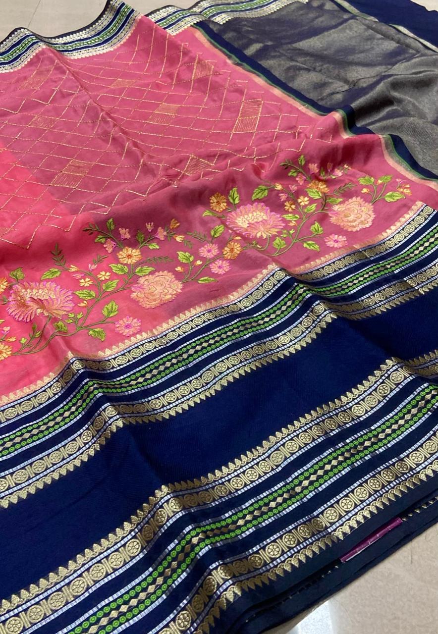 Premium Warm Silk Saree with Embroidery – Navy Blue & Pink with Floral Embroidered Pallu