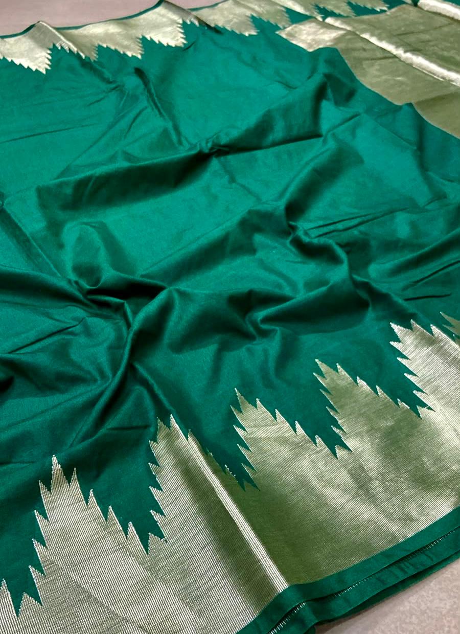 Premium Warm Silk Saree – Emerald Green with Silver Temple Border