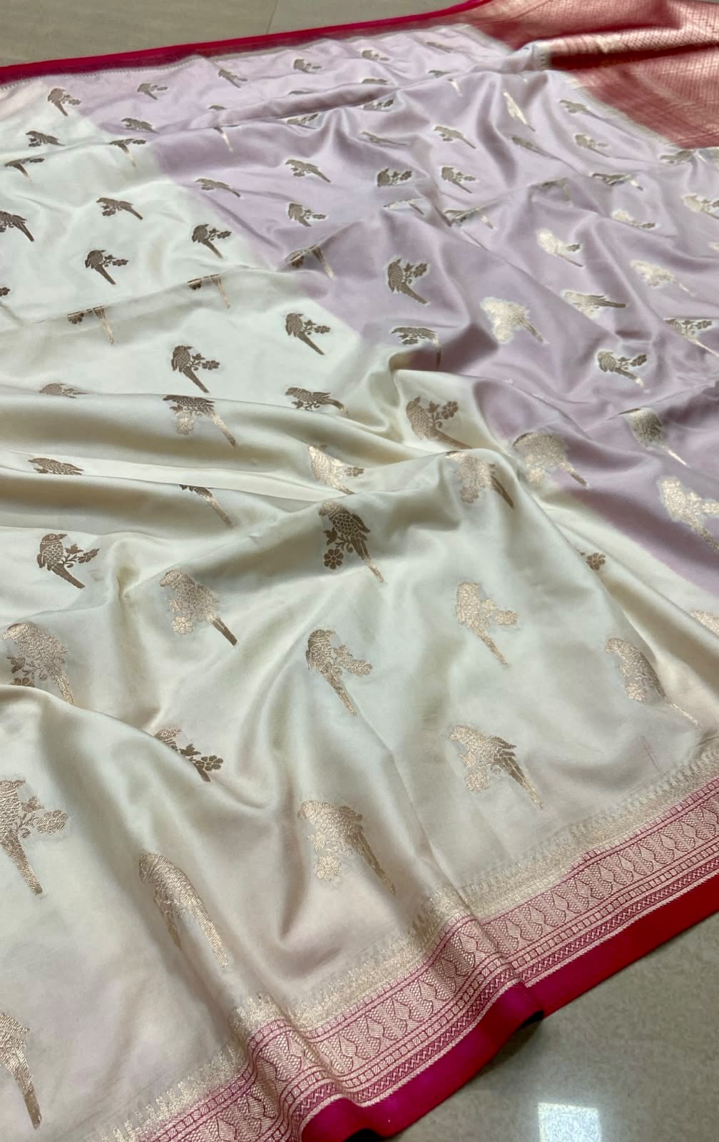 Premium Mango Silk Saree – Ivory & Blush Pink with Gold Parrot Motifs and Deep Red Border