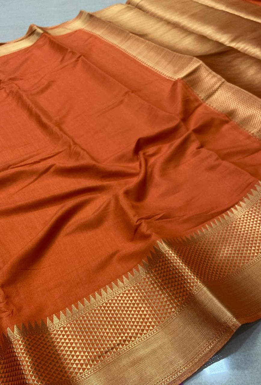Premium Georgette Saree – Rust Orange with Rich Gold Zari Geometric Border