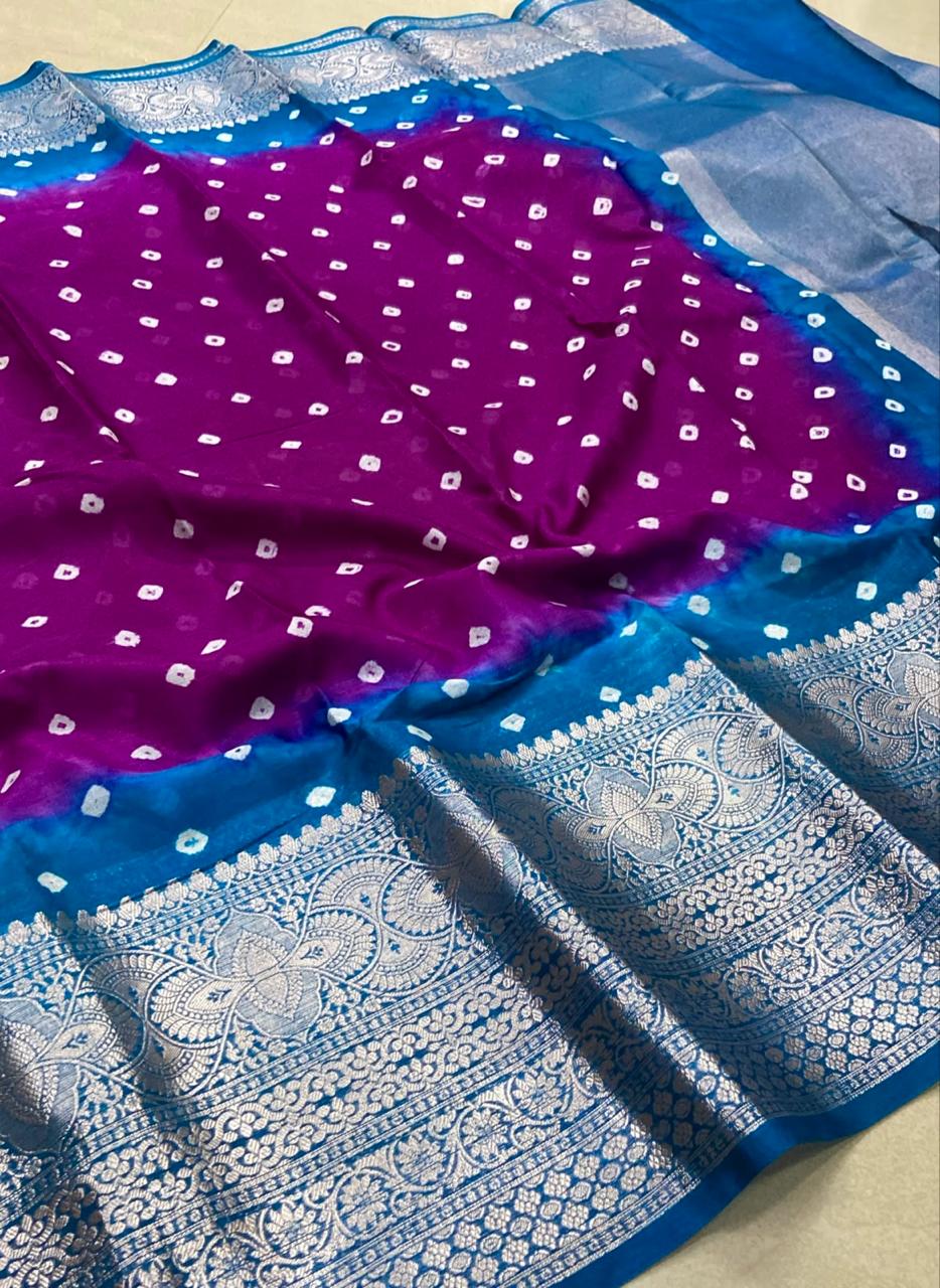 Premium Bandhani Saree – Royal Purple with Sky Blue Border & Rich Silver Zari Weaving