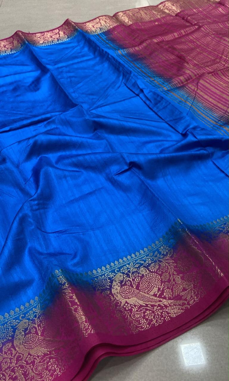 Premium Georgette Saree – Royal Blue & Magenta with Peacock Zari Border