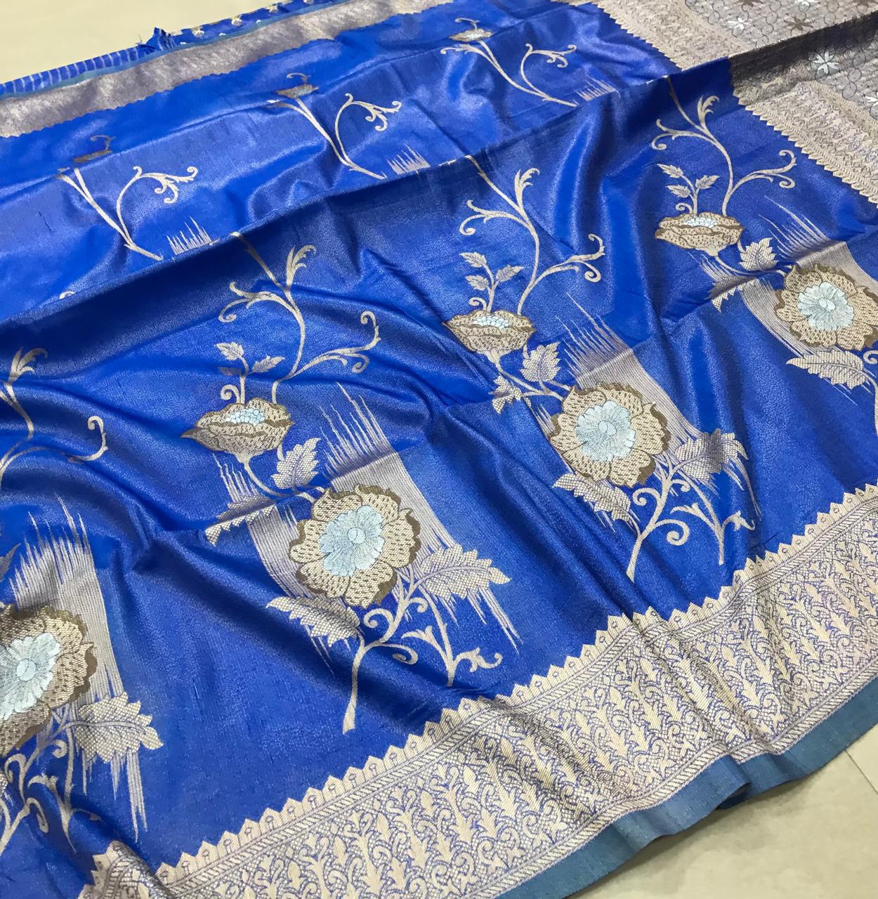Soft Silk Saree – Royal Blue with Silver Zari Floral Weaving & Rich Designer Border