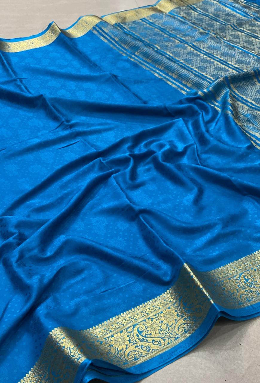 Mysore Silk Saree – Royal Blue with Gold Zari Floral Border & Rich Woven Pallu