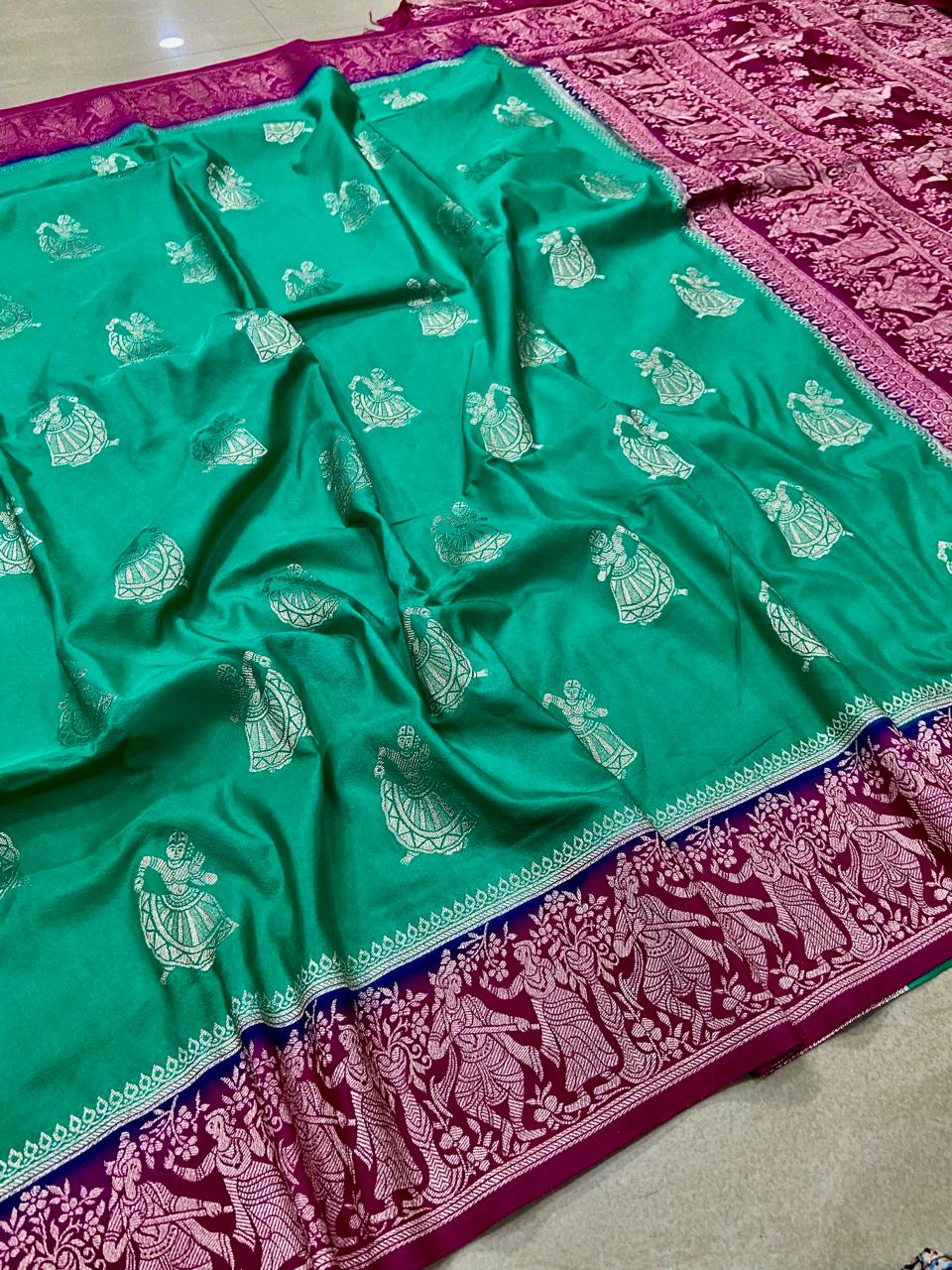 Mango Silk Saree – Emerald Green with Silver Dancing Lady Motifs & Magenta Temple Border