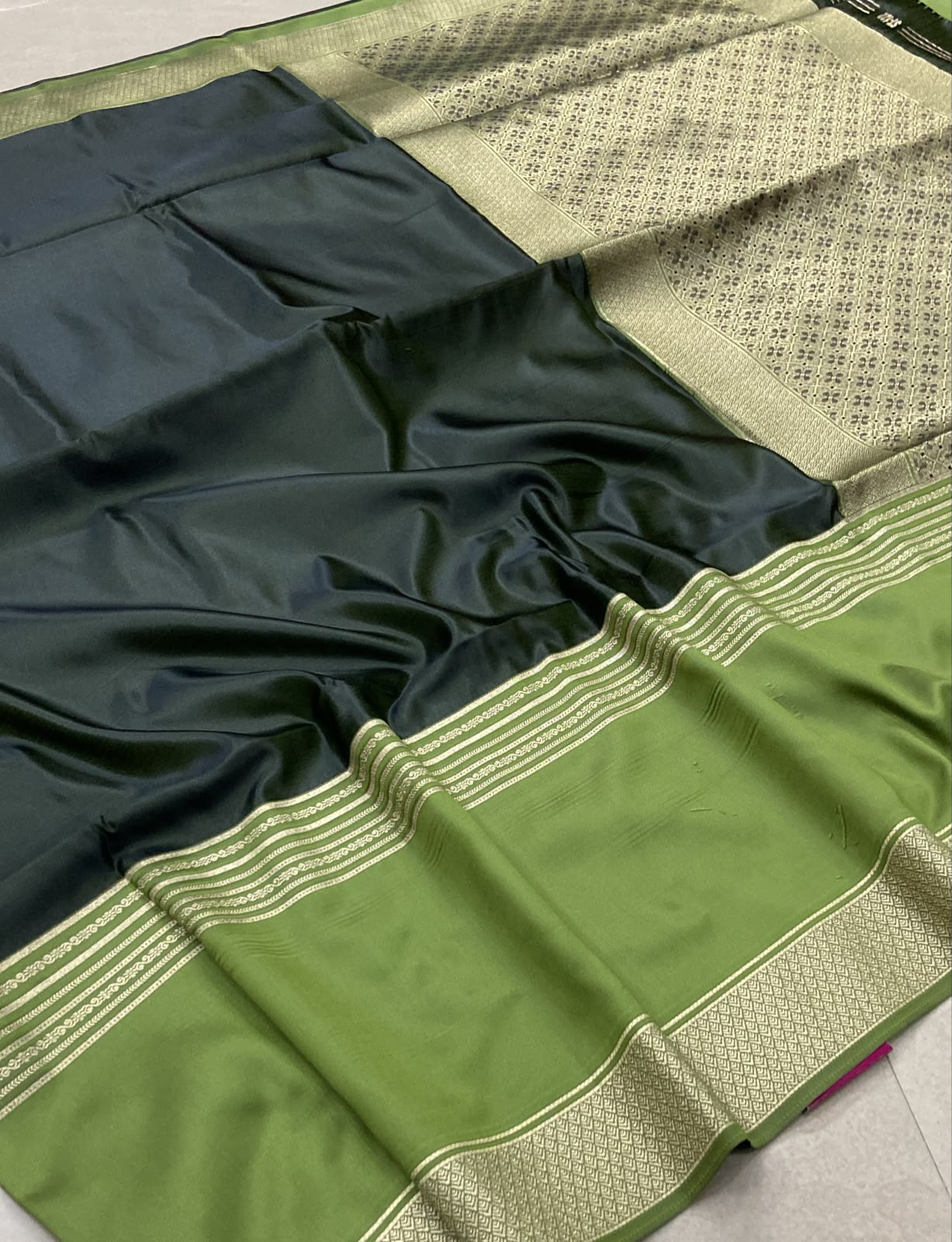 Soft Silk Saree – Bottle Green & Olive Green Dual Tone with Rich Golden Zari Border