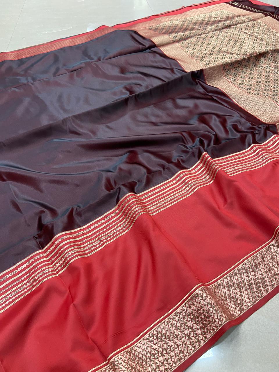 Soft Silk Saree – Wine Black & Ruby Red Dual Tone with Rich Golden Zari Border