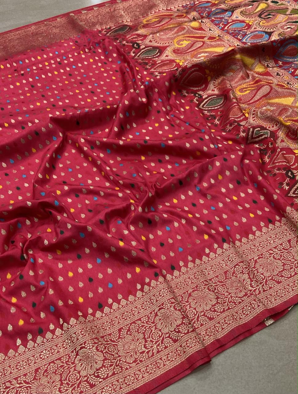 Paithani Saree – Wine Red with Multicolor Butta & Rich Floral Zari Border
