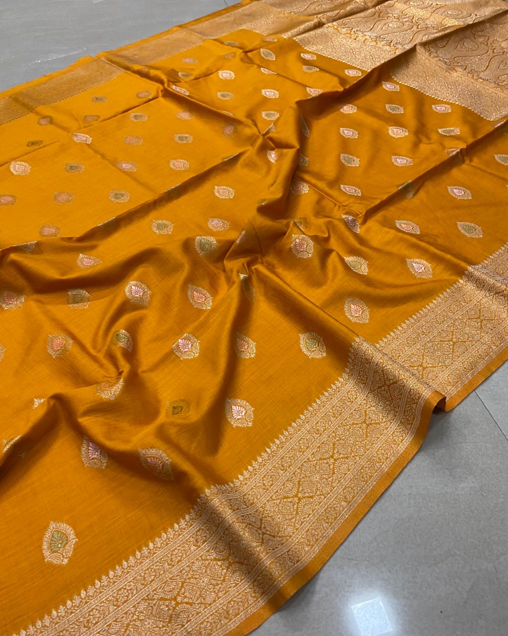 Panni Silk Saree – Mustard Yellow with Rich Golden Zari Buttas & Grand Woven Border