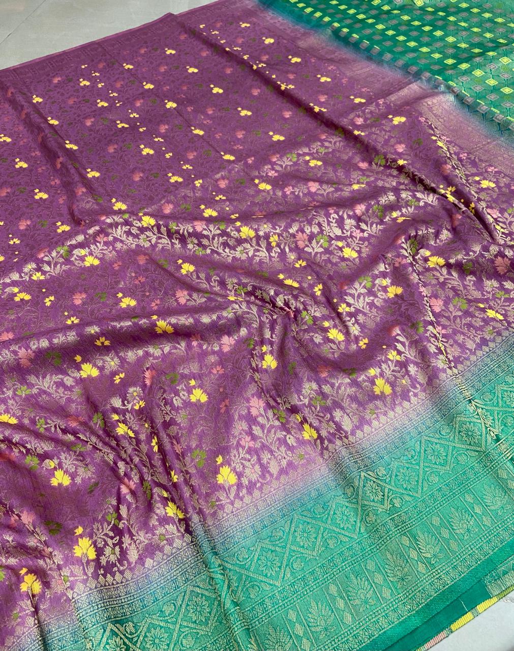 Paithani Silk Saree – Royal Purple & Peacock Green with Floral Zari Weaving and Rich Traditional Border
