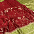 Pure Visco Saree – Maroon & Pistachio Green with Floral Zari Weaving and Rich Designer Border