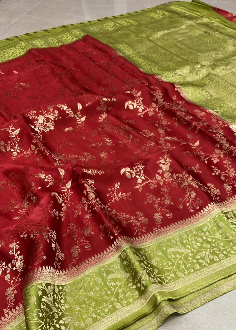 Pure Visco Saree – Maroon & Pistachio Green with Floral Zari Weaving and Rich Designer Border