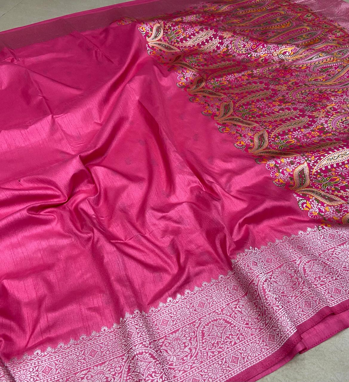 Meenakari Silk Saree – Rani Pink with Multicolour Meenakari Buttas and Rich Paisley Designer Pallu