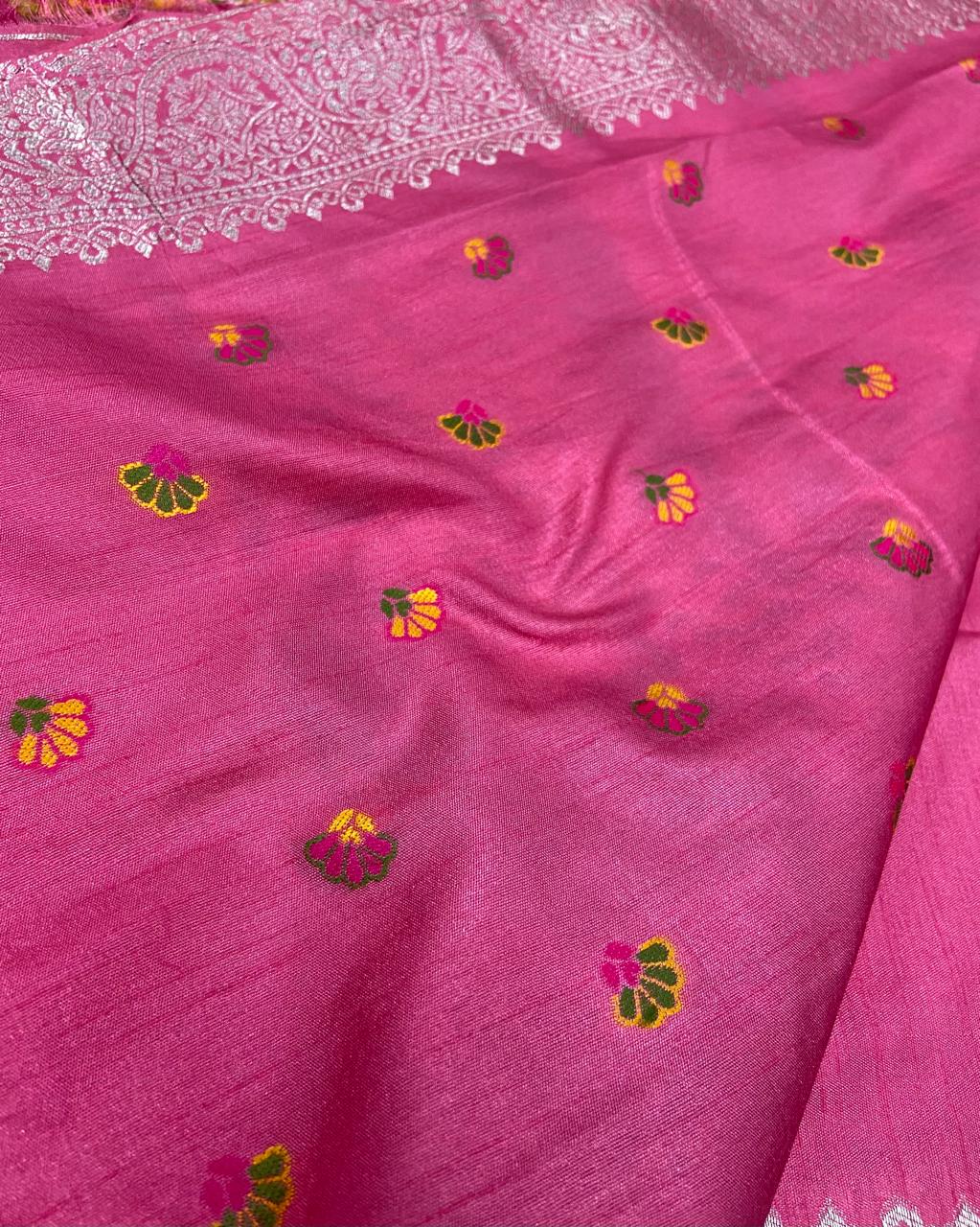 Meenakari Silk Saree – Rani Pink with Multicolour Meenakari Buttas and Rich Paisley Designer Pallu