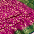Tussar Silk Saree – Rani Pink & Emerald Green with Floral Zari Weaving and Rich Contrast Border