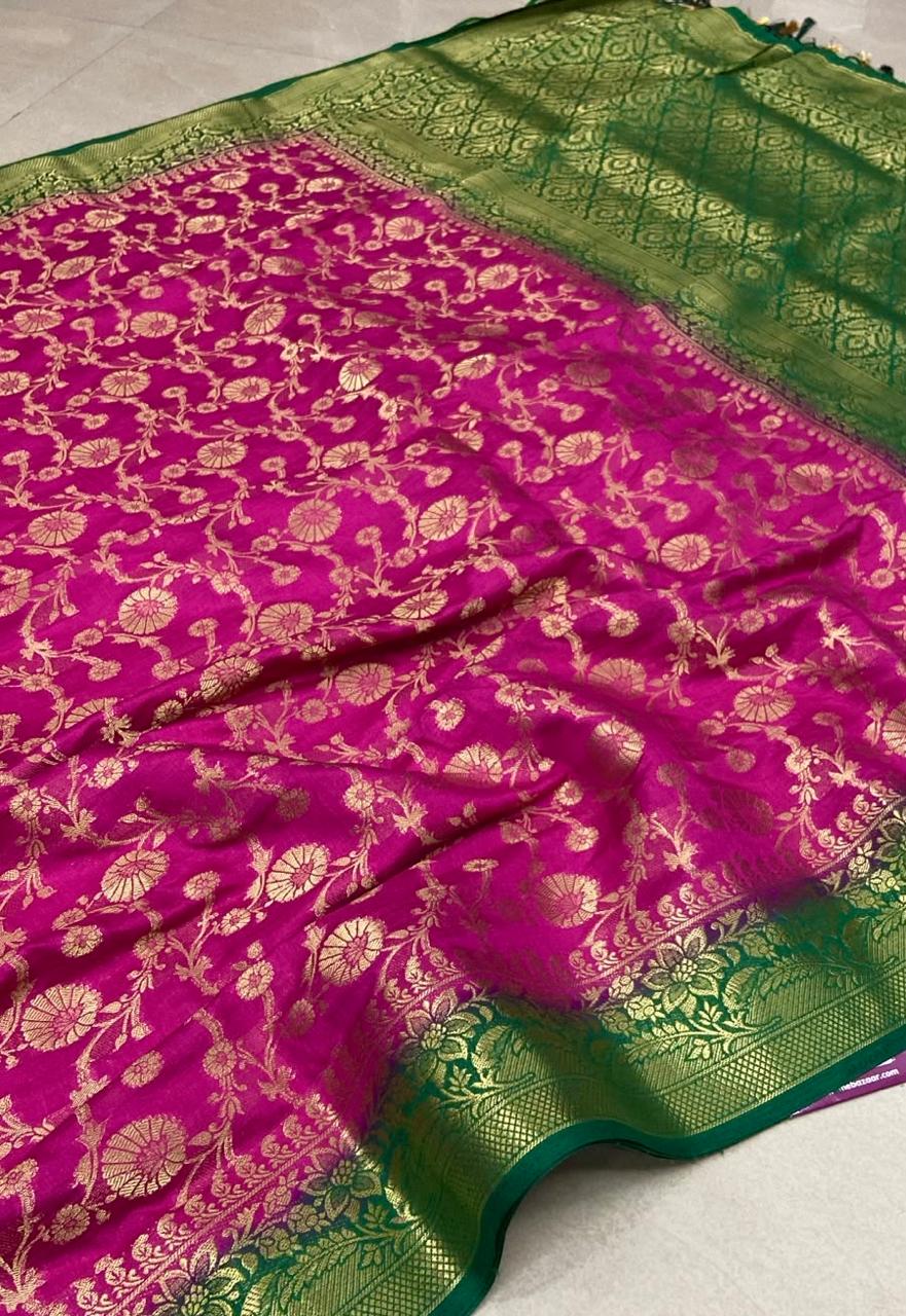 Tussar Silk Saree – Rani Pink & Emerald Green with Floral Zari Weaving and Rich Contrast Border