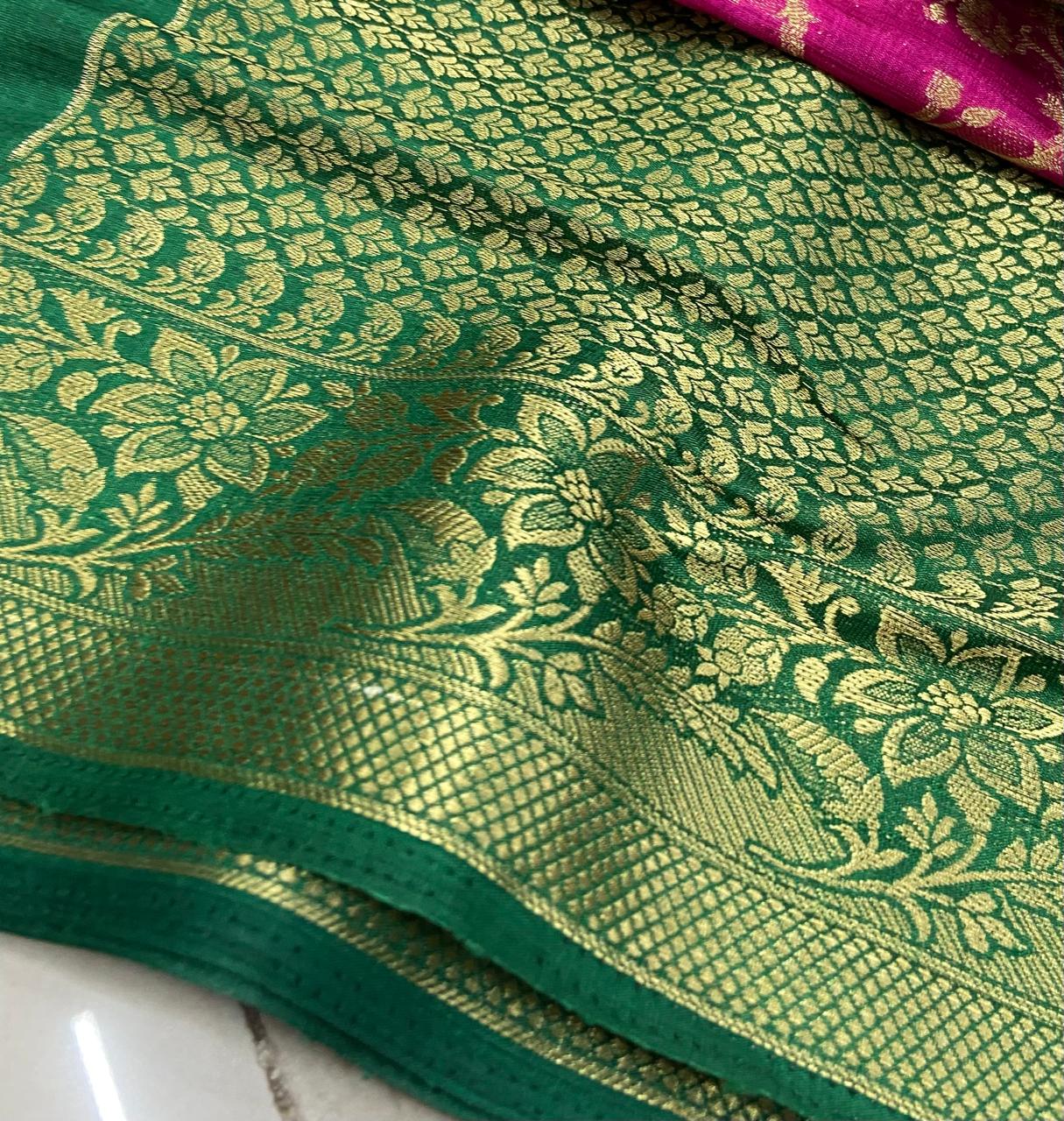 Tussar Silk Saree – Rani Pink & Emerald Green with Floral Zari Weaving and Rich Contrast Border