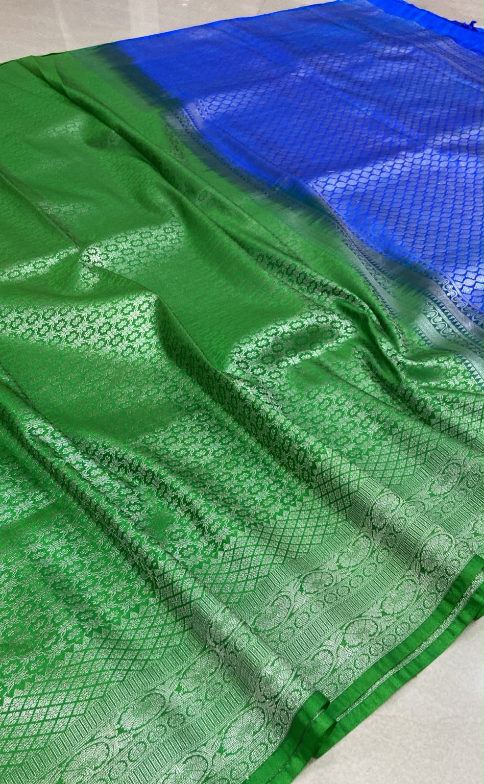 Soft Silk Saree – Royal Blue & Emerald Green Dual Tone with Rich Silver Zari Border
