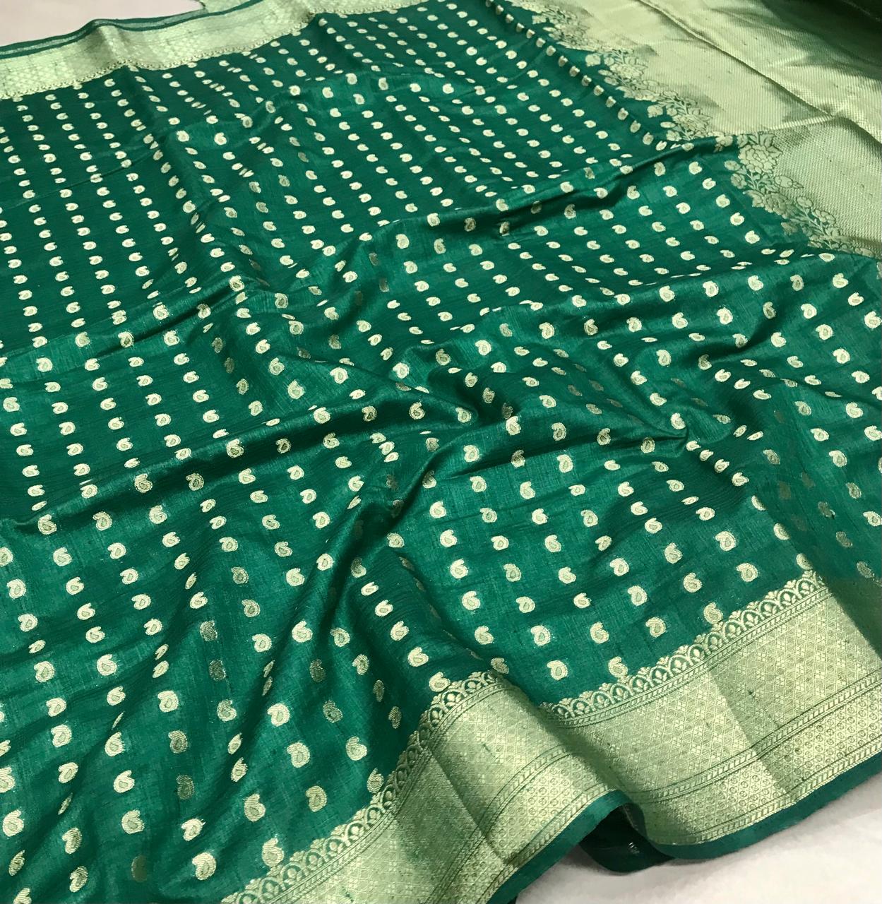 Tussar Silk Saree – Emerald Green with Silver Paisley Buttas & Rich Zari Border