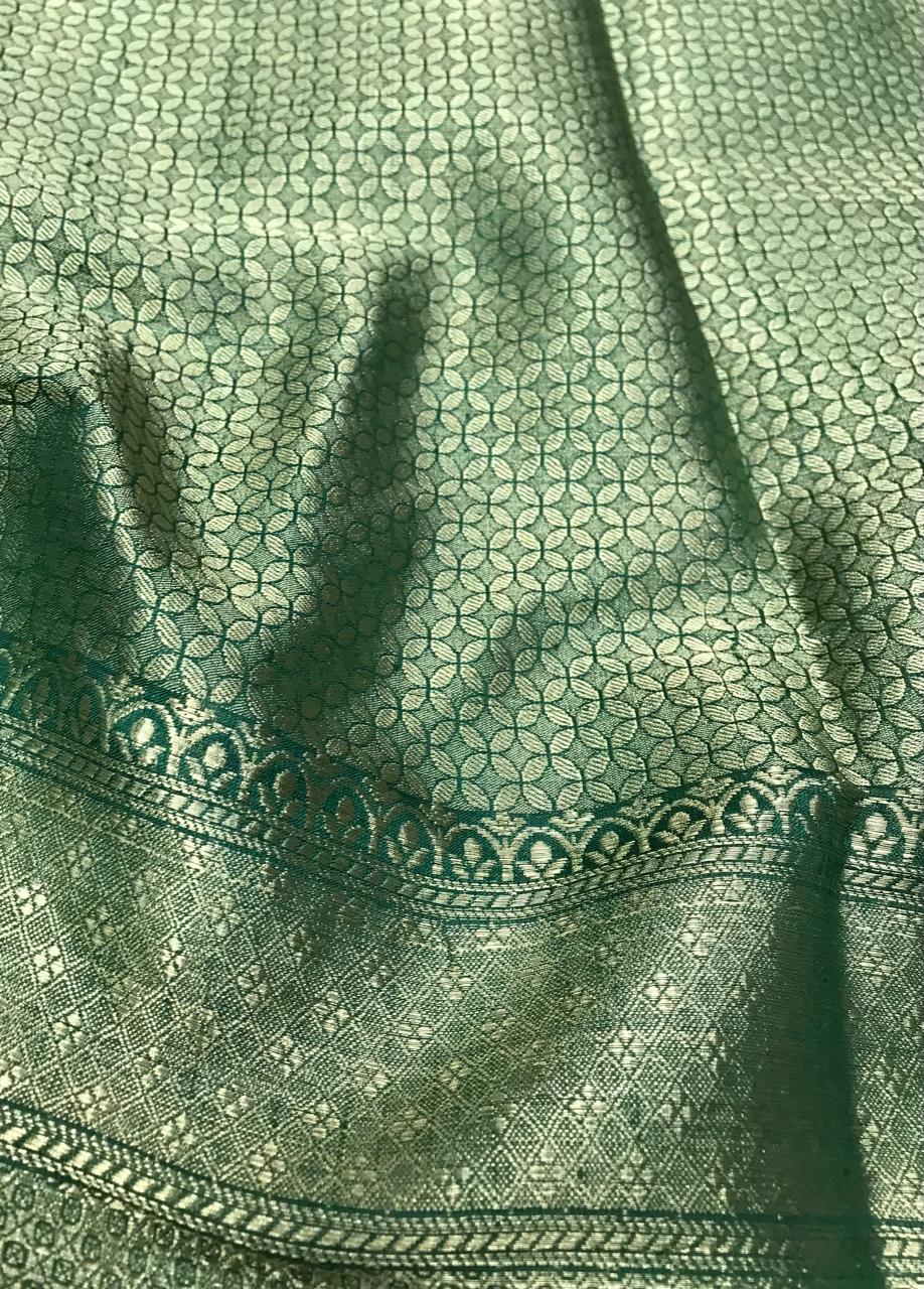 Tussar Silk Saree – Emerald Green with Silver Paisley Buttas & Rich Zari Border