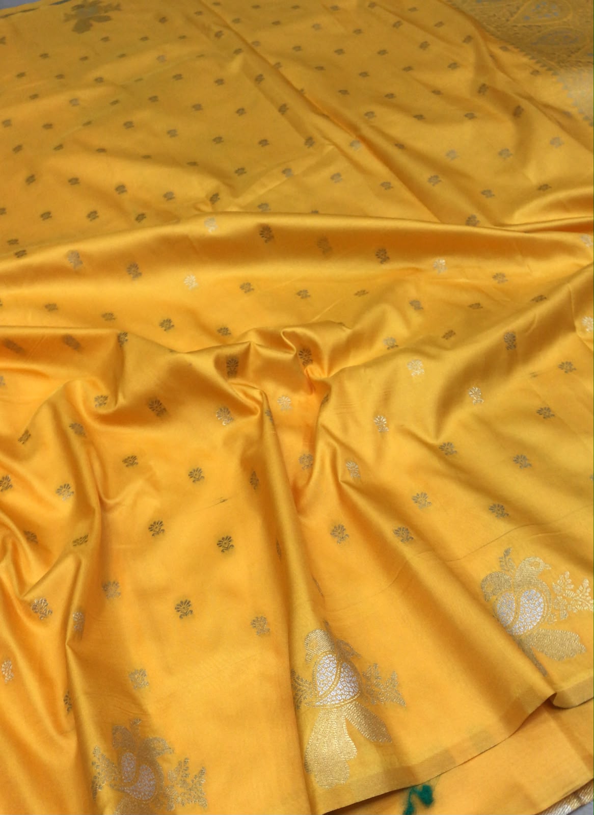 Soft Silk Saree – Mustard Yellow with Silver Zari Buttas & Rich Woven Border