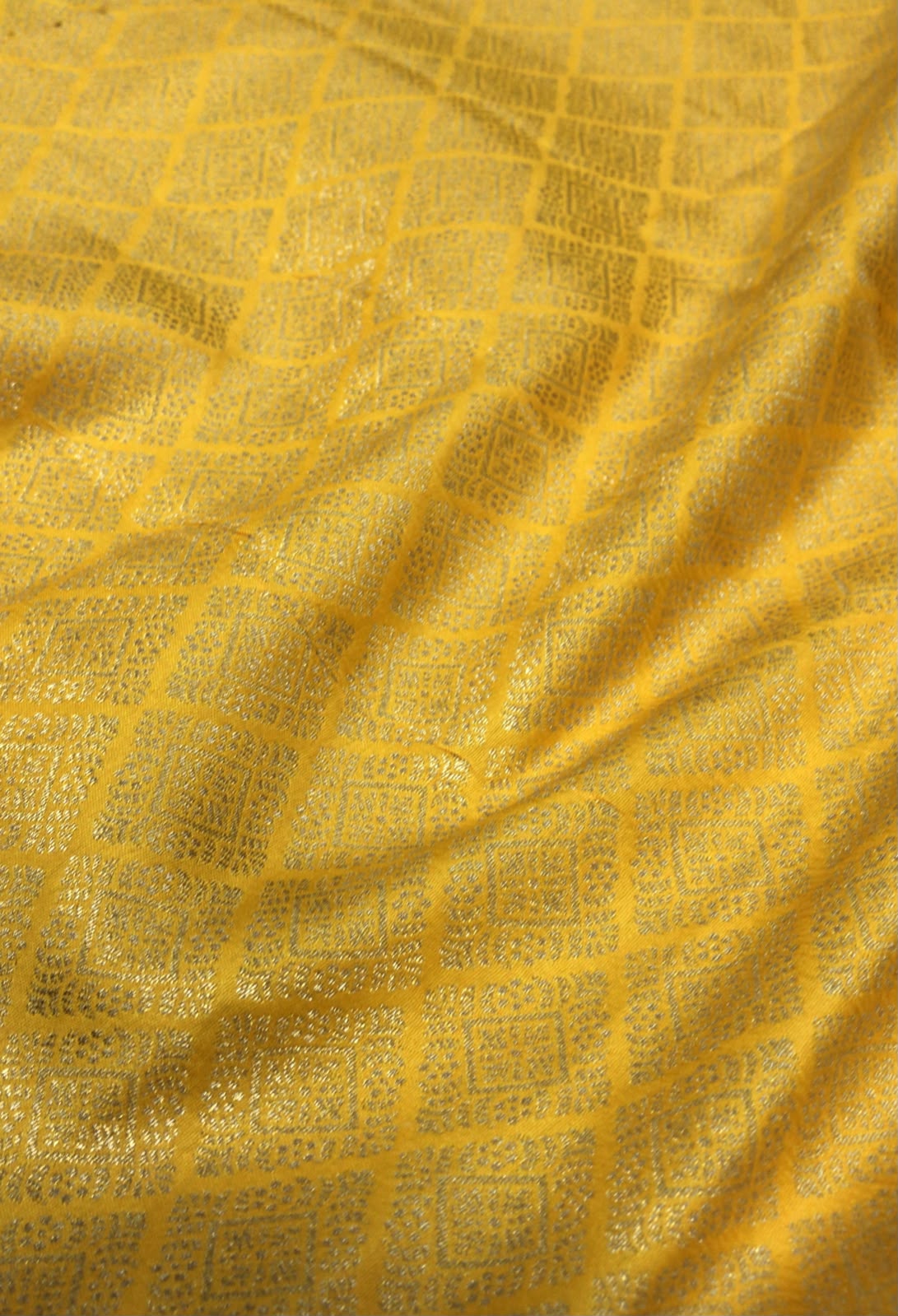 Soft Silk Saree – Mustard Yellow with Silver Zari Buttas & Rich Woven Border
