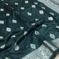 Tussar Silk Saree – Deep Bottle Green with Silver Zari Buttas & Rich Woven Border