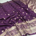 Viscose Saree – Royal Purple with Silver Zari Buttas & Peacock Woven Border