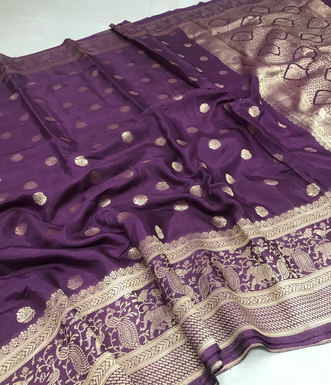 Viscose Saree – Royal Purple with Silver Zari Buttas & Peacock Woven Border