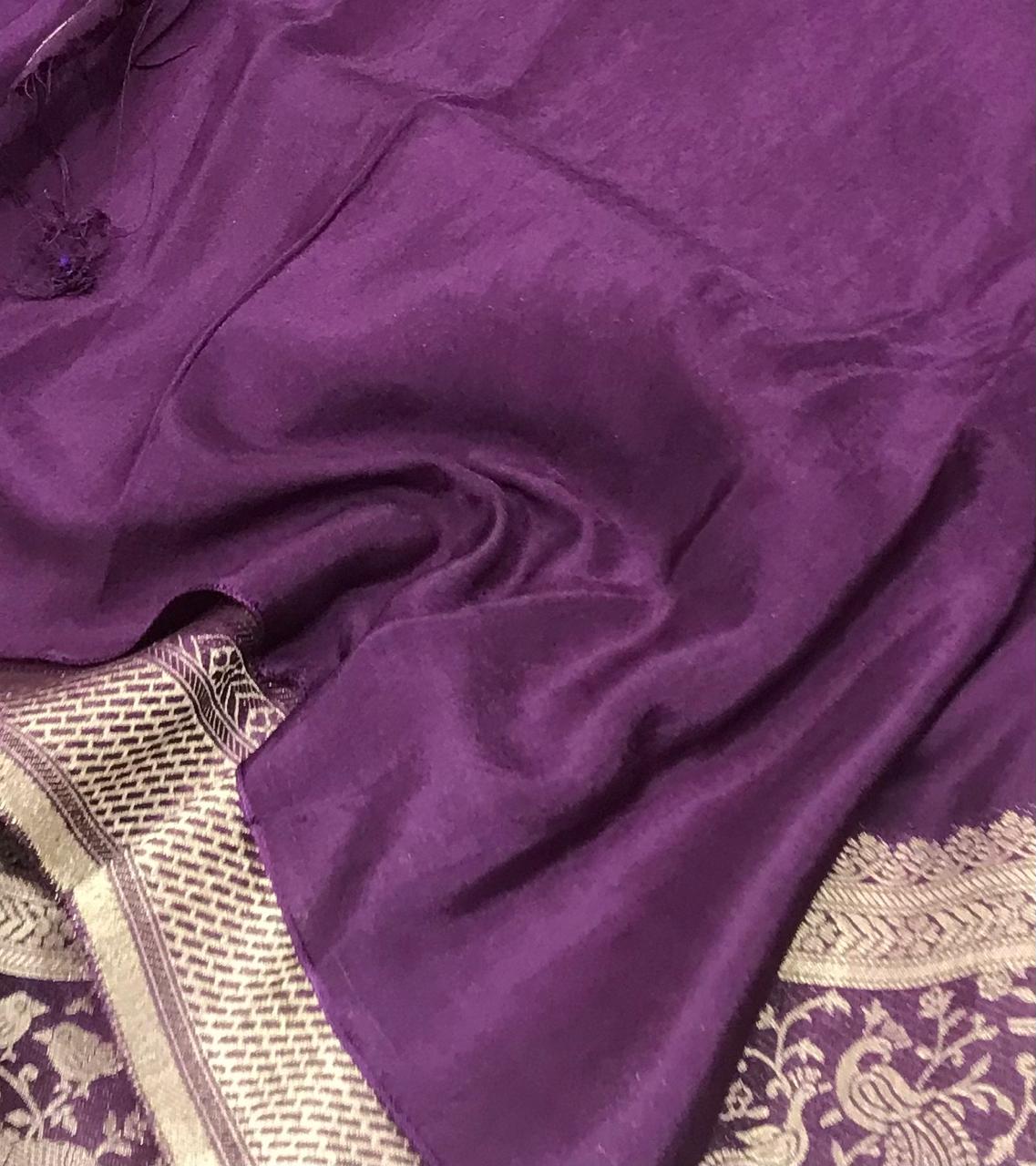 Viscose Saree – Royal Purple with Silver Zari Buttas & Peacock Woven Border