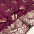 Georgette Saree – Rich Wine Purple with Silver Zari Buttas & Designer Woven Border