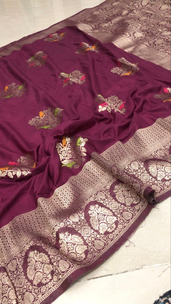 Georgette Saree – Rich Wine Purple with Silver Zari Buttas & Designer Woven Border