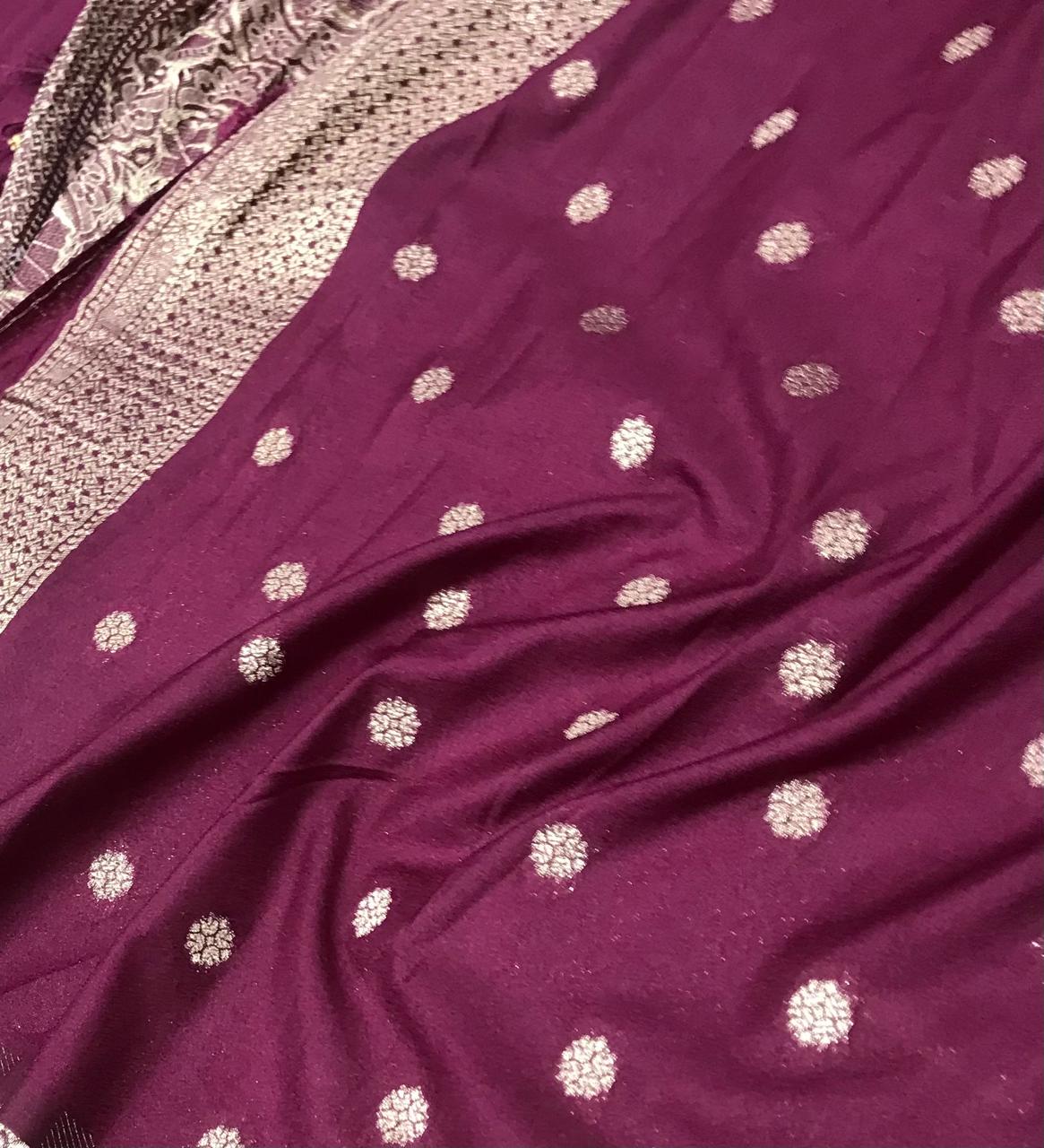 Georgette Saree – Rich Wine Purple with Silver Zari Buttas & Designer Woven Border