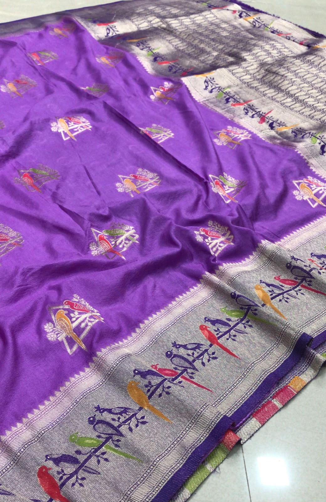 Paithani Saree – Royal Purple with Silver Zari & Multicolor Parrot Border