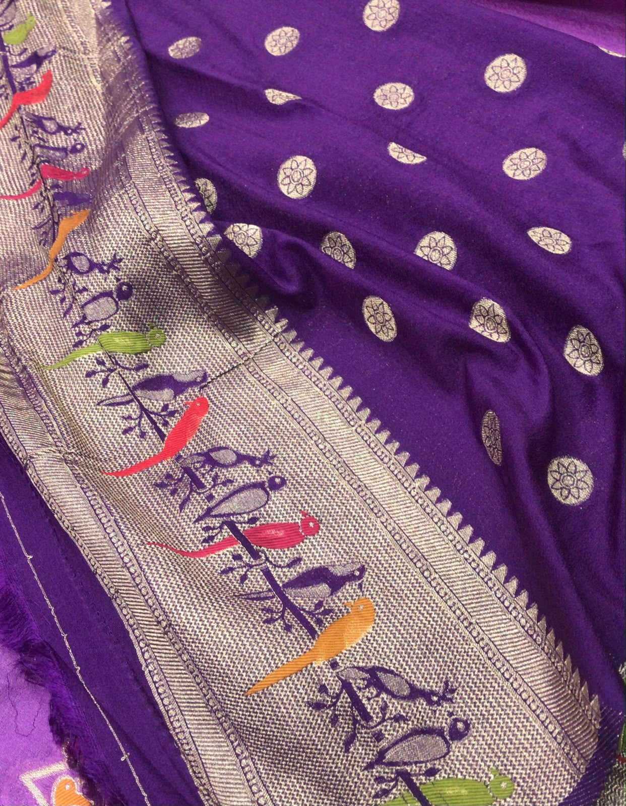 Paithani Saree – Royal Purple with Silver Zari & Multicolor Parrot Border