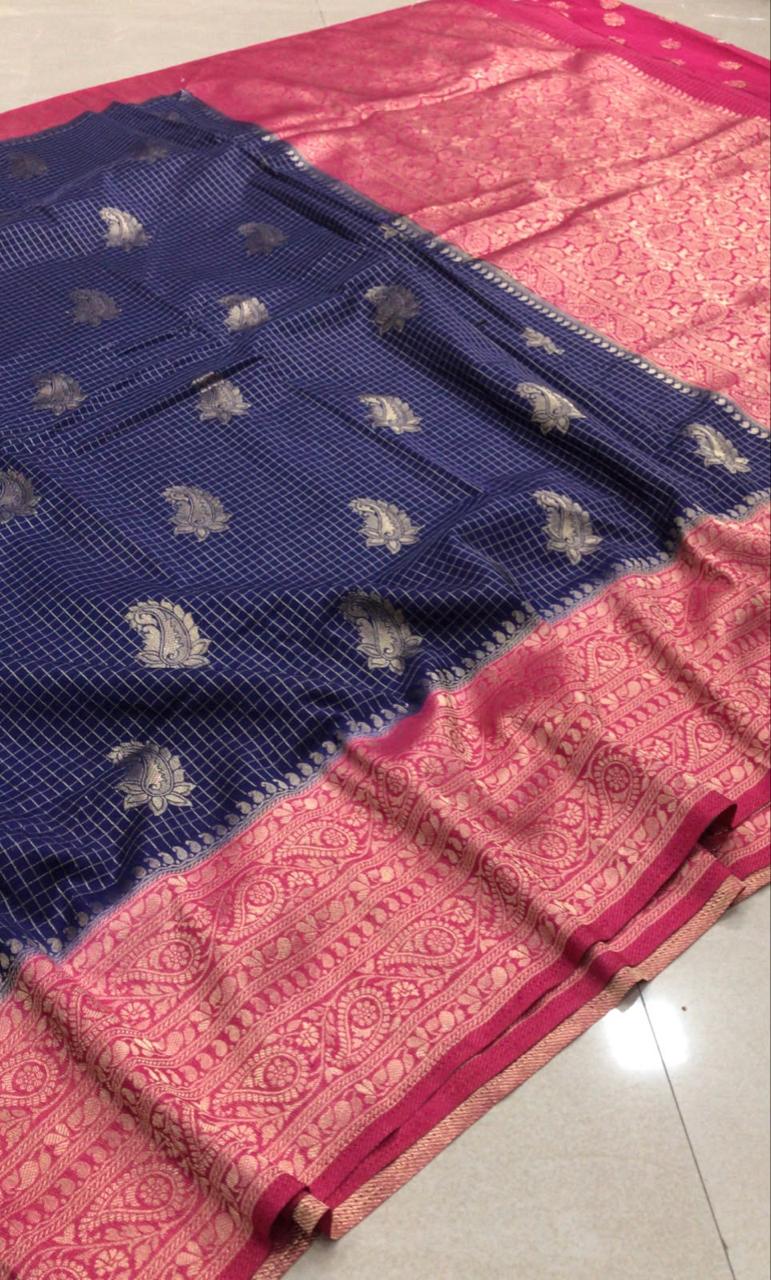 Georgette Saree – Navy Blue & Rani Pink Dual Tone with Rich Zari Border