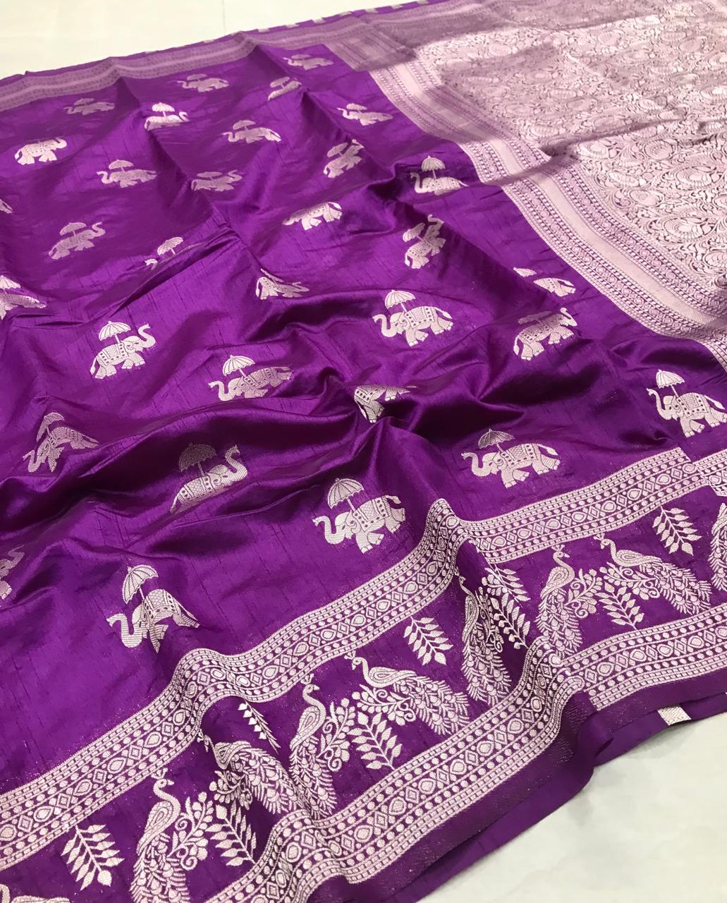 Viscose Saree – Royal Purple with Silver Zari Peacock & Elephant Border