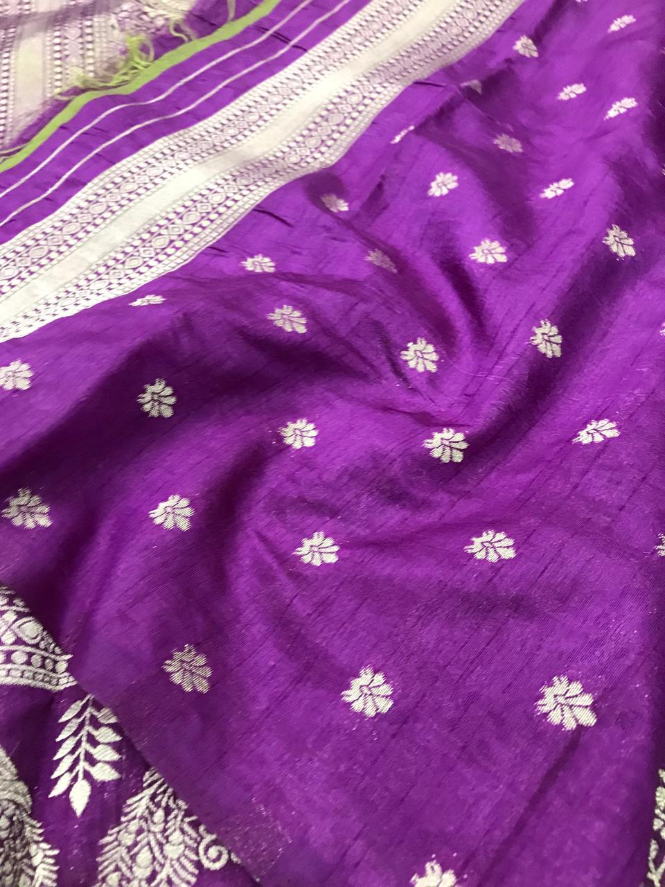 Viscose Saree – Royal Purple with Silver Zari Peacock & Elephant Border