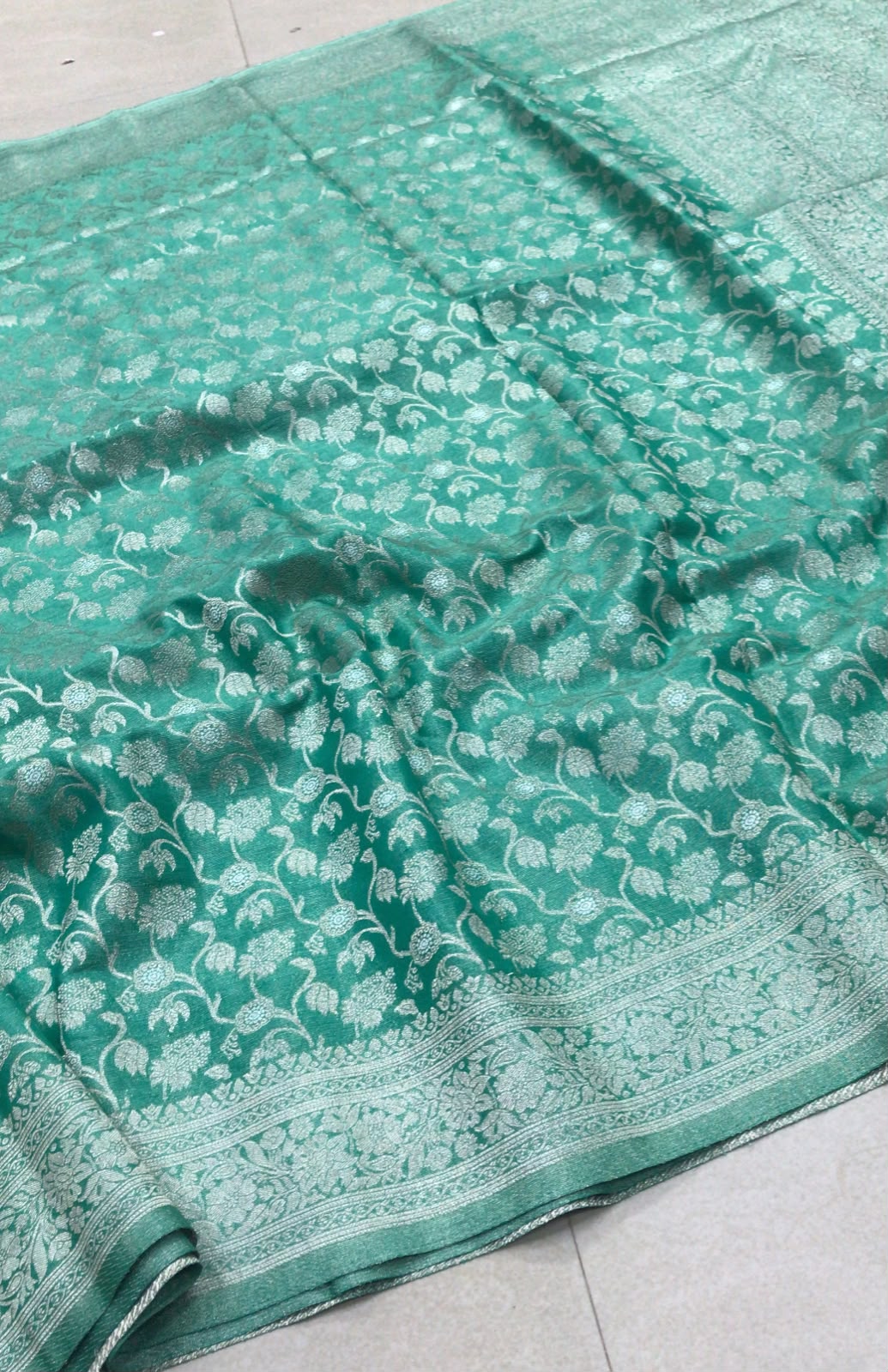 Banarasi Saree – Sea Green with Silver Floral Zari Weaving