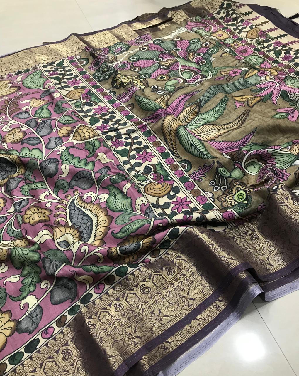Pure Gaji Saree – Antique Gold with Hand-Painted Kalamkari Floral & Peacock Design