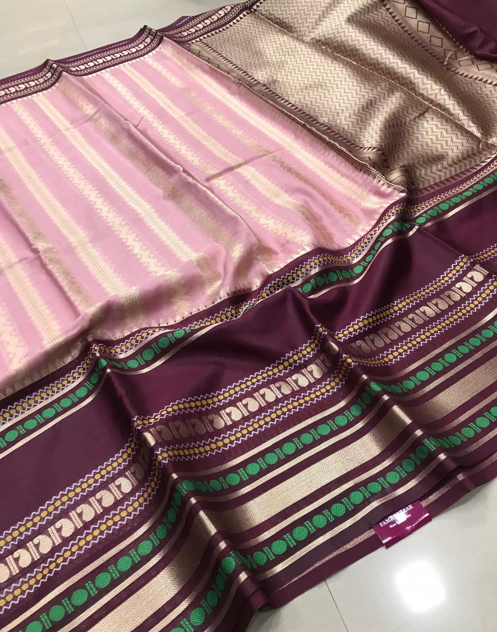 Warm Silk Saree – Wine Pink with Silver Chevron Pallu & Tribal Border